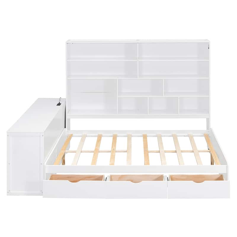 Modern Full Size Wooden Daybed with Built-In Desk, 3 Storage Drawers & Open Compartment Shelving by Harper&Bright Designs