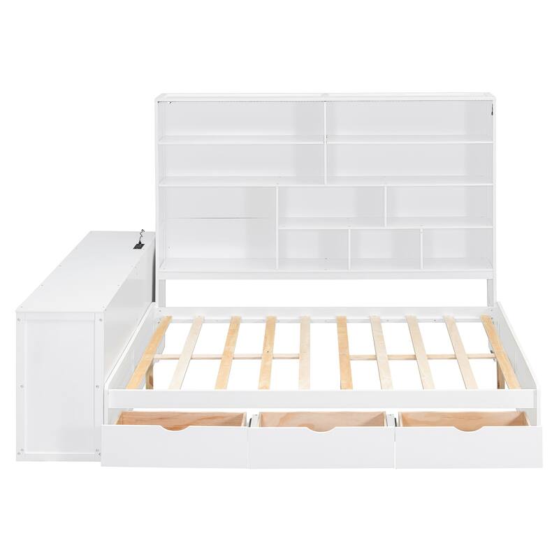 Modern Storage Bed Frame with 3 Drawers, All-in-One Bookshelf, Desk, Full Size Daybed with Wood Slats Support for Bedroom