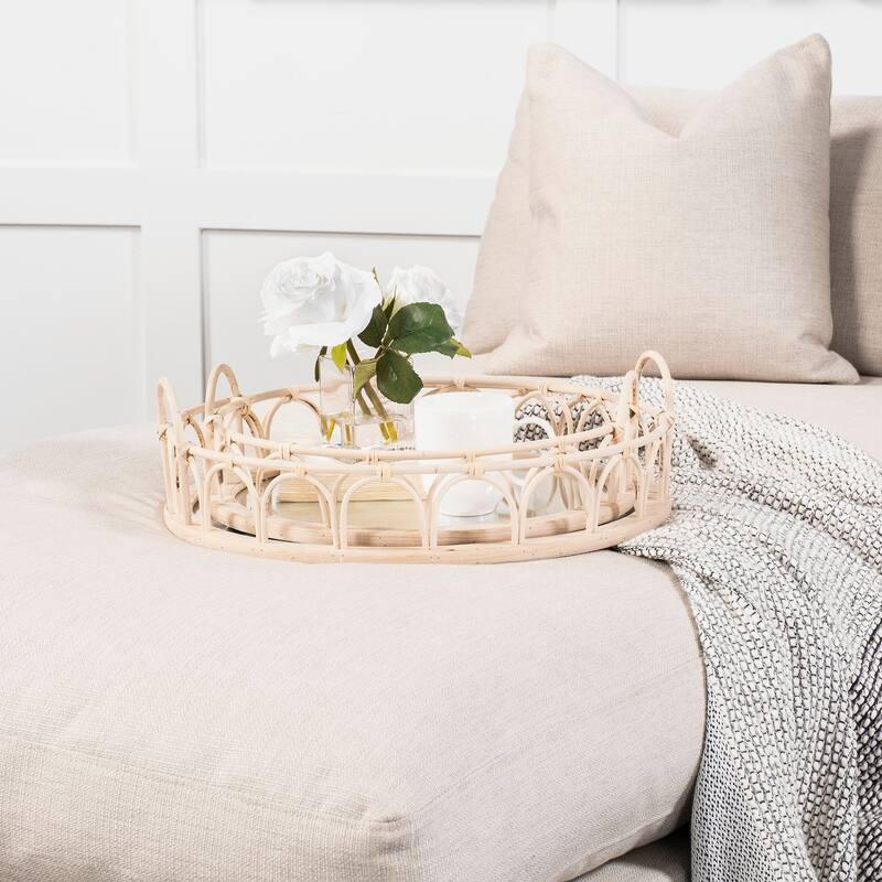Leona Brown Wicker Mirrored Base Nesting Trays (Set of 2) - 19.3L x 18.9W x 5.7H