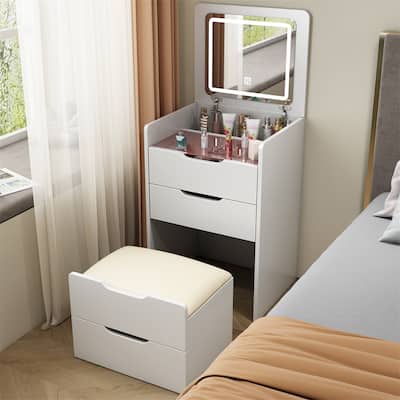 3 In 1 Vanity Desk with Mirror,Visible Glass Desktop,Drawers and Stool
