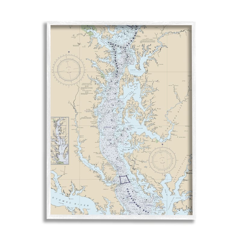 Stupell Potomac River Chesapeake Bay Coastal Map Beige Blue Framed Wall Art