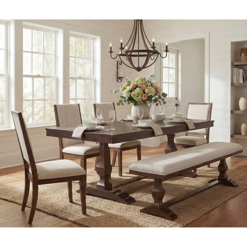 6-pieces Farmhouse Dining Table for 6, 74.8" Kitchen Table Set with 4 Chairs and Bench, Solid Wood Legs and Cushion Seat