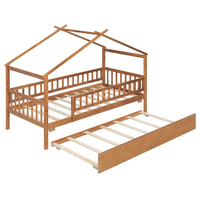 Twin Size Wooden House Bed with Twin Size Trundle
