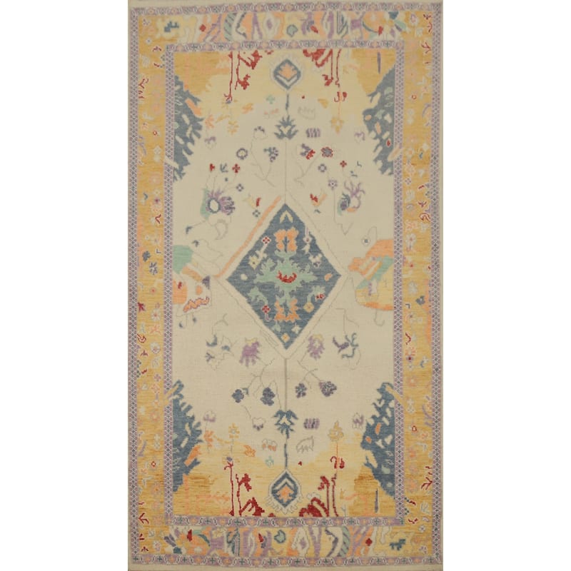 Hand Knotted Oriental 100% Wool Carpet Transitional Geometric Beige & Ivories Oushak Area Rug - 7' 8'' X 3' 10''