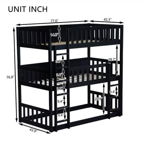 dimension image slide 0 of 2, Twin Size Wooden Triple Bunk Bed with Ladders and Guardrails, Twin Over Twin Over Twin Detachable Bunk Bedframe for Kids