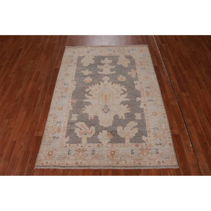 Hand Knotted Oriental 100% Wool Carpet Transitional Floral Greys & Charcoal Oushak Area Rug - 5' 9'' X 4' 2''