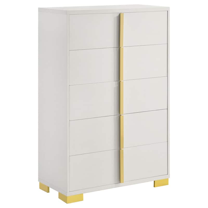 Dex 50 Inch Tall Dresser Chest, 5 Drawers with Vertical Gold Handles, White