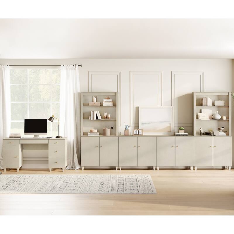 WAMPAT Home Office Furniture Set, 58" Executive Desk with Cabinet, 4-Column 71" Tall Bookcase with Doors and Adjustable Shelves