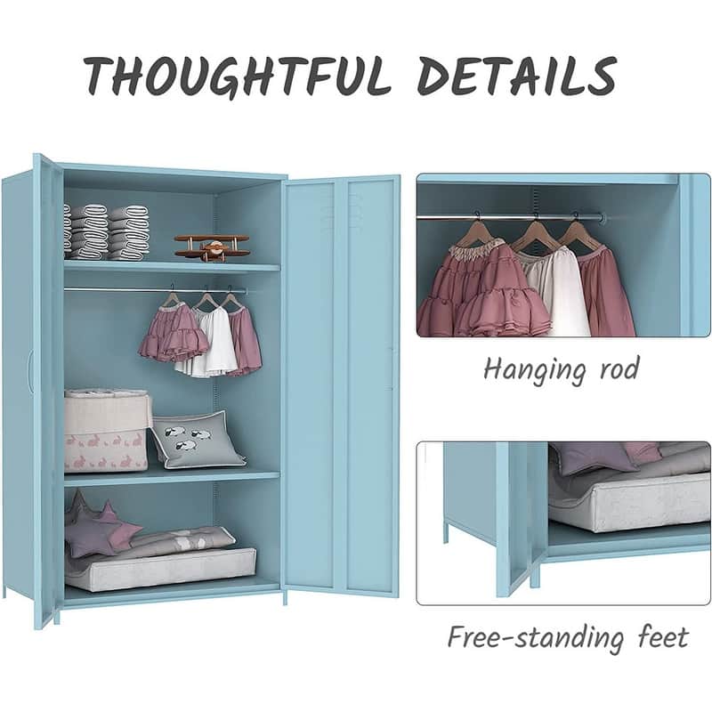 Double Doors Metal Locker Cabinet Storage with Hanging Rod and Shelves for Bedroom School Classroom