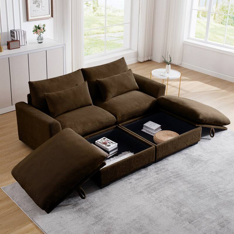 Corduroy Loveseat Sofa Couch with Storage Ottomans, Modern Sectional 2 Seater Sofa with Deep Seat, Pillows for Small Spaces
