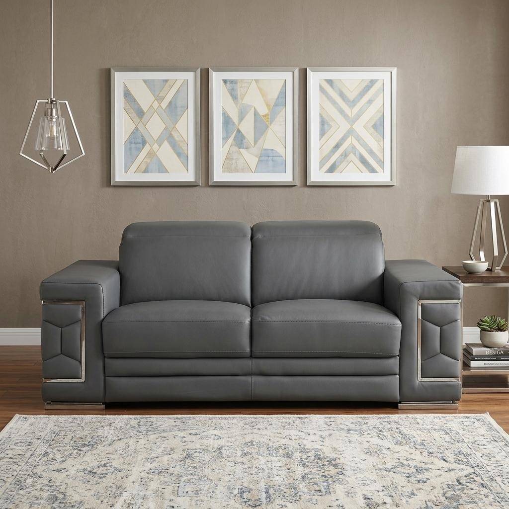 HomeRoots 71" Gray And Silver Genuine Leather Loveseat - 71.00 in. x 29.00 in. x 41.00 in.