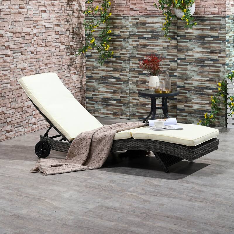 Outdoor Wicker S-Shaped Chaise Lounge Chair with Wheels, Reclining Rattan Chair with 5-Position Adjustable Backrest