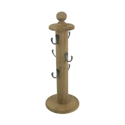 Primitive Turned Wood 6 Hook Countertop Kitchen Mug Rack Key Holder - 16 X 6 X 6 inches