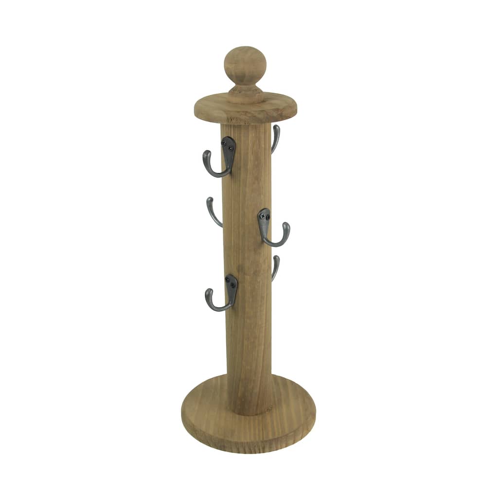 Primitive Turned Wood 6 Hook Countertop Kitchen Mug Rack Key Holder - 16 X 6 X 6 inches