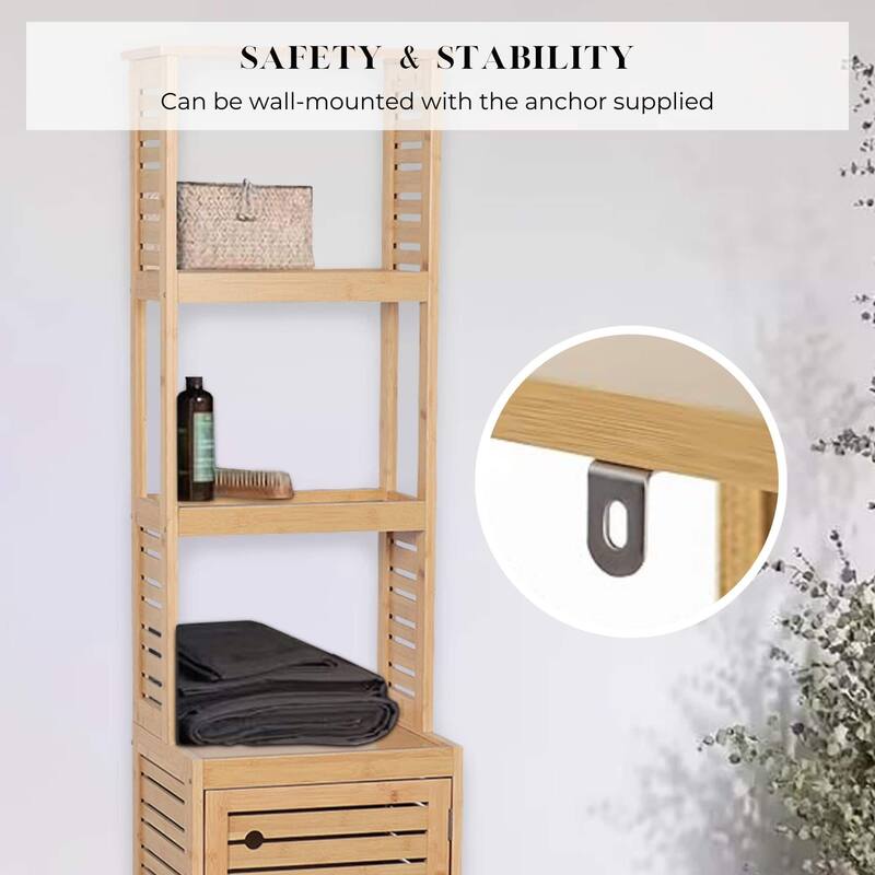 Tall Bathroom Storage Cabinet with Multiple Shelves and Vented Door, Natural - Trinidad Collection - 13 7/8"L x 10.4"W x 68"H