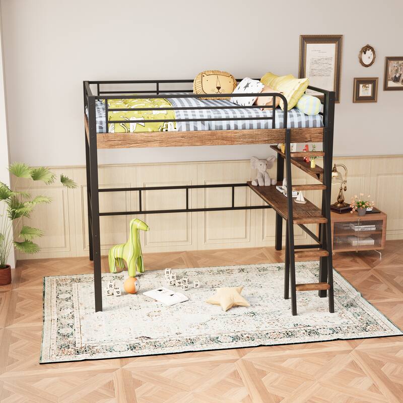 Metal Full Size Loft Bed with Built-in Desk