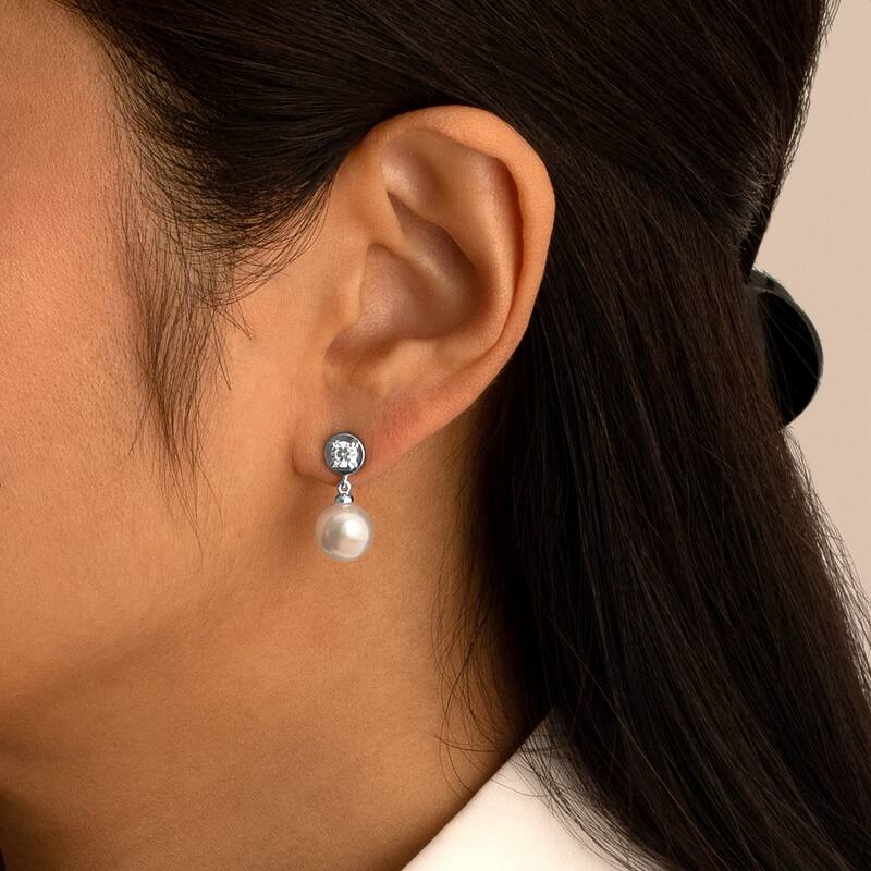 Freshwater Pearl and Cubic Zirconia Birthstone Sterling Silver Drop Earrings