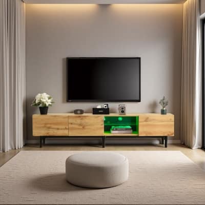 Modern TV Stand for TVs up to 80'' with 4 Cabinets, Open Shelves, Drop-Down Door, Adjustable LED Lights, Cable Management
