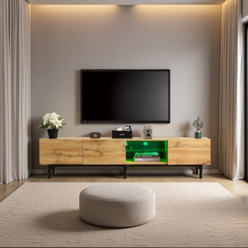 Modern TV Stand for TVs up to 80'' with 4 Cabinets, Open Shelves, Drop-Down Door, Adjustable LED Lights, Cable Management