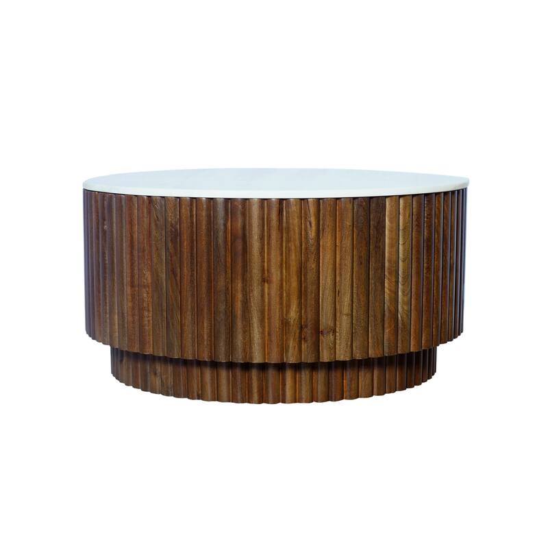 HomeRoots 36" Brown Genuine Marble And Solid Wood Round Drum Coffee Table - 36.00 in. x 18.00 in. x 36.00 in.