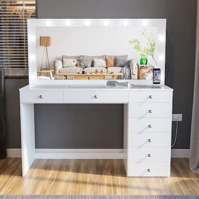 Boahaus Ketevan Vanity Desk: Light Bulbs, USB Outlet, 8 Drawers, Glass Top, Hollywood Mirror, White