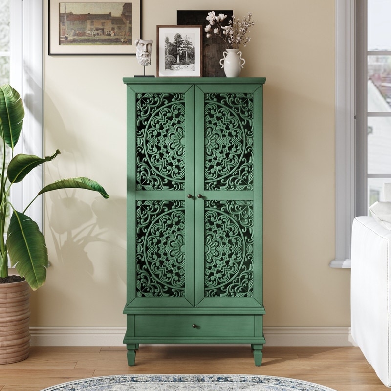 Rustic 55" Tall Storage Cabinet with Drawer, Decorative Carved Wood Accent for Living Room or Dining Area
