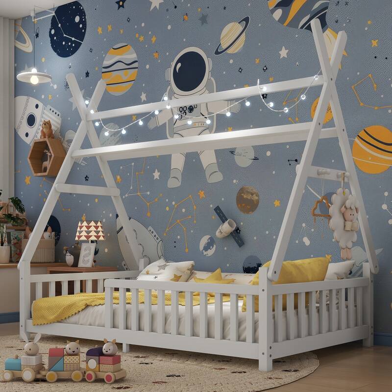 Wood Low Floor House Bed with Fence and LED Light Roof, Creativity Bed Tent Design for Kids Boys Girls No Box Spring Needed