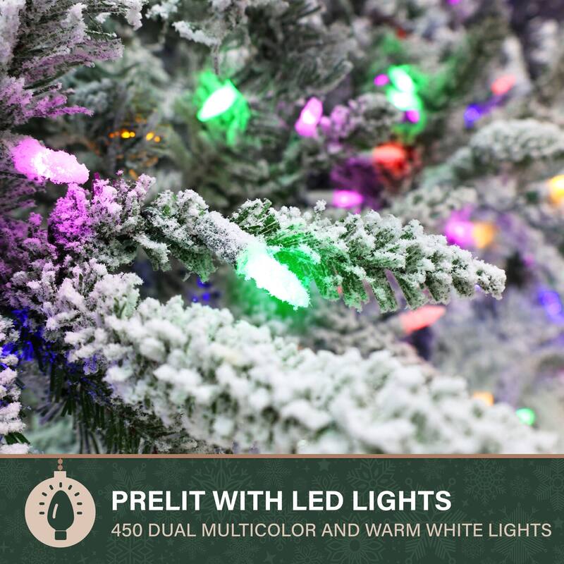 Fraser Hill Farm 6.5-Ft Slim Mountain Pine Flocked Artificial Christmas Tree with Dual Multicolor & Warm White LED Lights