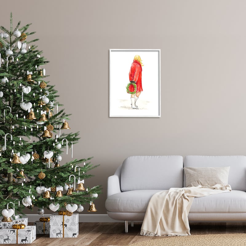 Stupell Glam Fashion Red Jacket Christmas Woman with Wreath Framed Wall Art