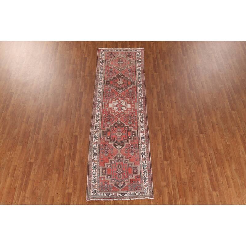 Hand Knotted Oriental 100% Wool Carpet Traditional Geometric Oranges & Rust Hamedan Runner Rug - 11' 2'' X 3' 3''