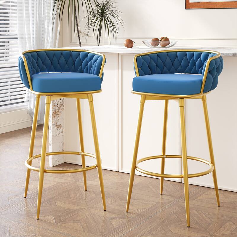 Roomfitters 31.5" Swivel Counter Height Bar Stools Set of 2, Low Back Upholstered Kitchen Chairs with Gold Metal Legs, Blue - Blue