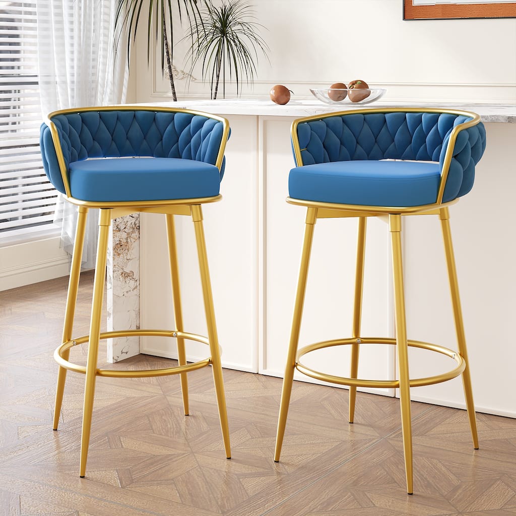 Swivel Counter Height Bar Stools Set of 2, 31." Bar Height Stools with Hand-Woven Backrest & Gold Metal Legs, Modern Low
