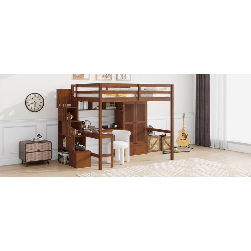 Roomfitters Full Loft Bed with Desk, Bookshelves and Storage Cabinets, Staircase with Shelves, Safety Guardrails, Walnut