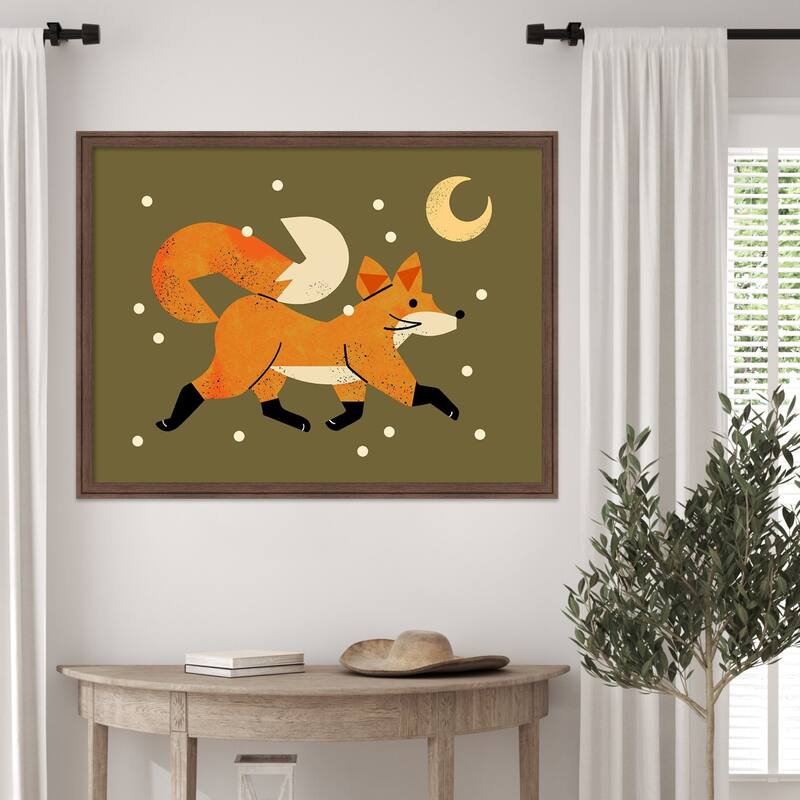 Wandering Winter Fox by Renea l. Thull Wood Framed Wall Art Print - Florence Medium Brown