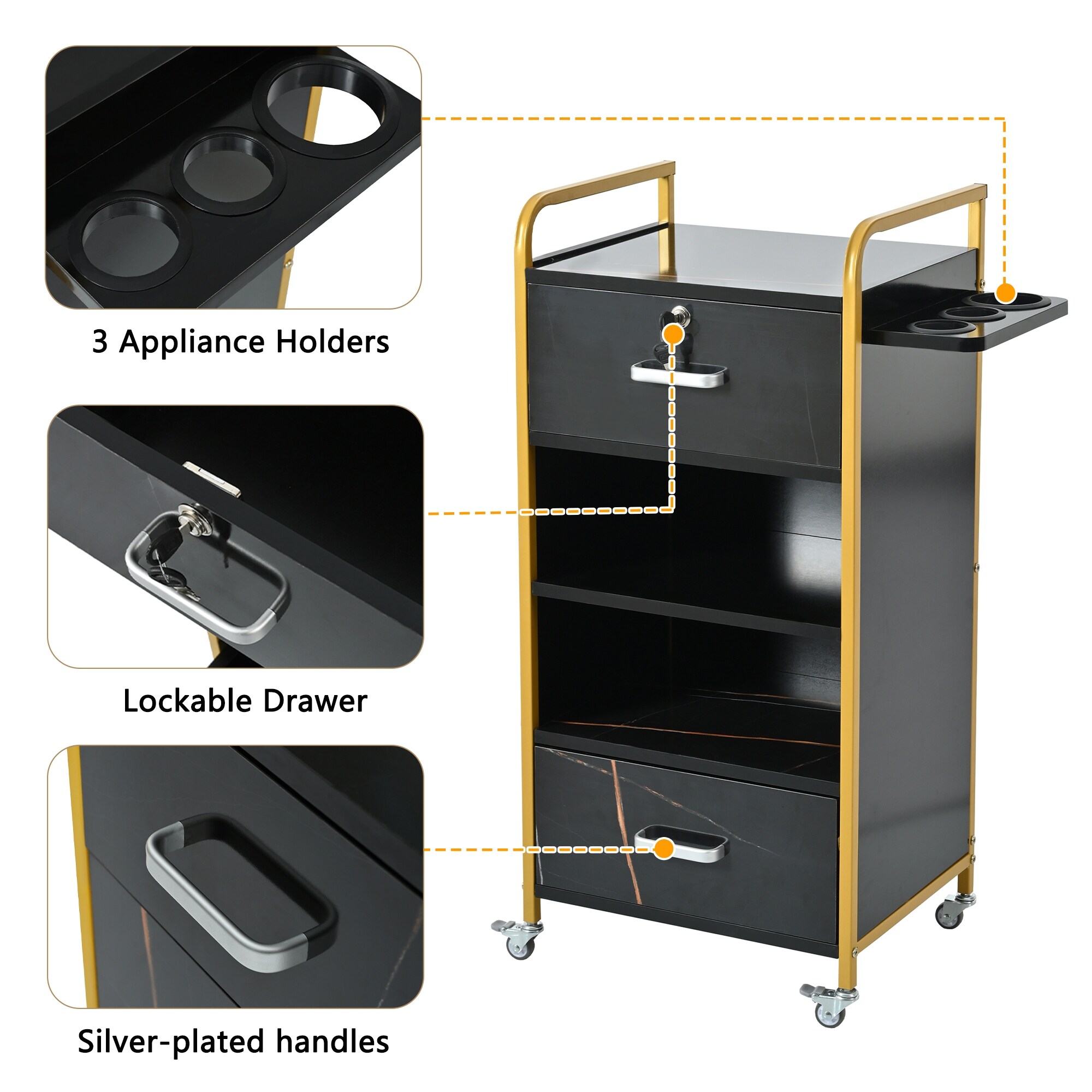 Locking Salon Storage Cabinet Beauty Barber Salon Styling Station Organizer Equipment with 3 Hair Dryer Holder 2 Drawers Gold Black