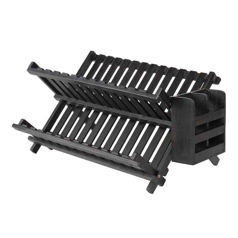 Arlen Farmhouse Foldable 2-Tier Dish Drying Rack with Detachable Utensil Holder - Black