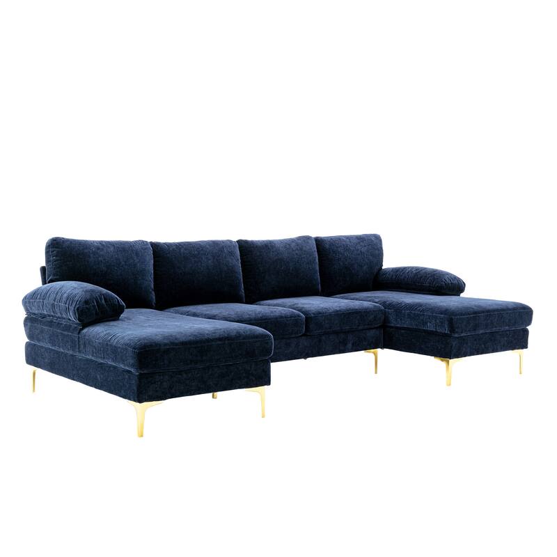 Living Room Chenille Fabric Sofa Sectional Sofa with Cushion Back, Pillow Top Arms, and Metal Legs