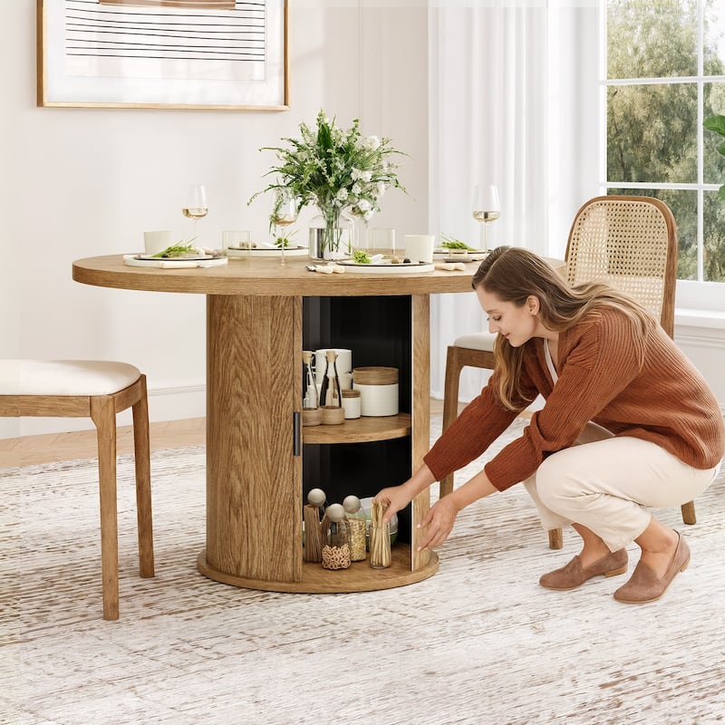 43" Round Dining Table, Wood Kitchen Table with Bucket Storage Shelf, Round Coffee Table Office Table, Easy Assembly