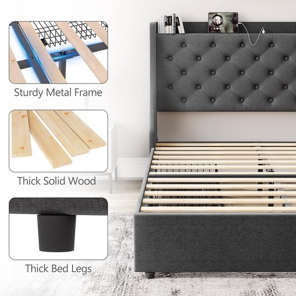 Platform Bed Frame with Upholstered Headboard,USB Port and 4 Drawers