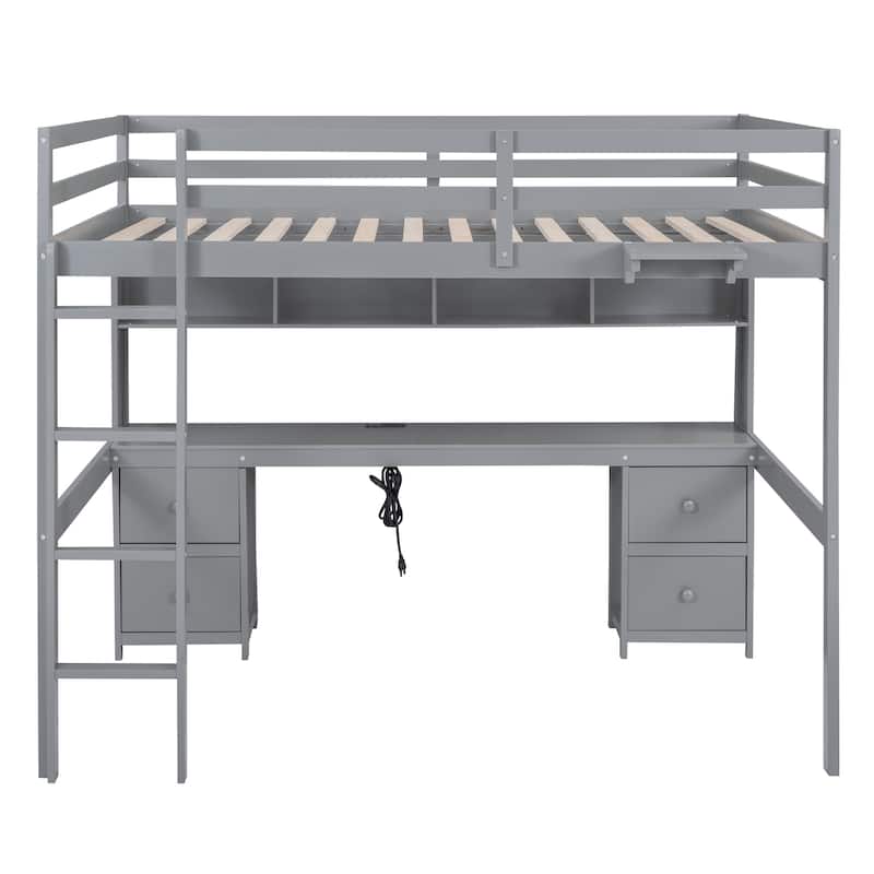 Full Size Loft Bed with Desk, Storage Cabinets, Drawers, Charging Station, Gray