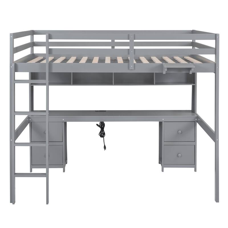 Full Size Loft Bed with Desk, Storage Cabinets, Drawers, and Charging Station