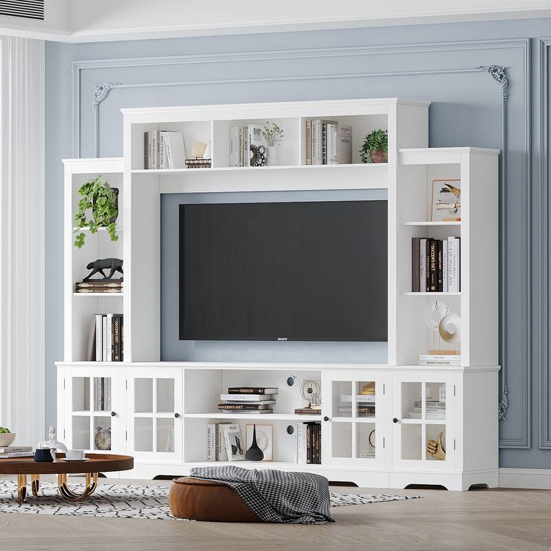 Large Wall Unit Entertainment Center for TVs up to 65", Modern Storage TV Stand with Bookshelves, Farmhouse Wood Media Console - White