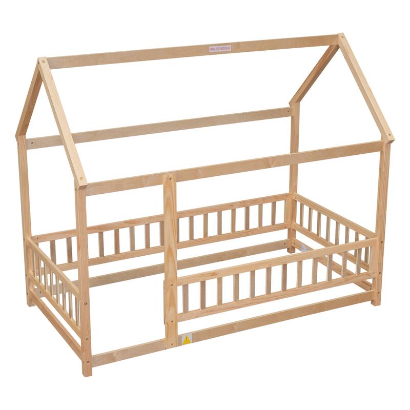 Floor Wooden Bed with House Roof Frame, Fence Guardrails