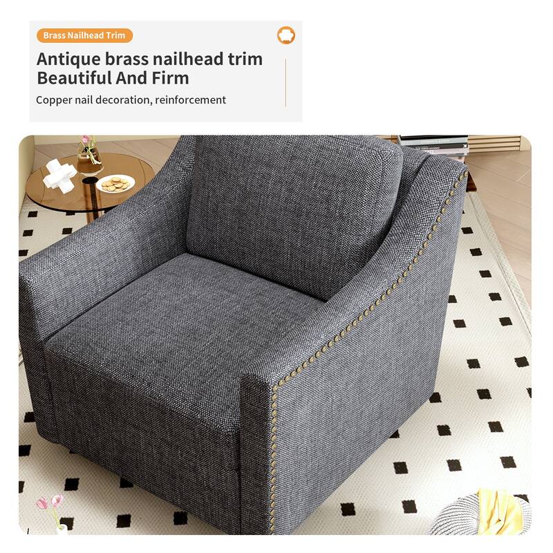 360 Degree Swivel Armchair Cotton Linen Skin-friendly Fabric Ergonomic Design Brass Nail Decorative