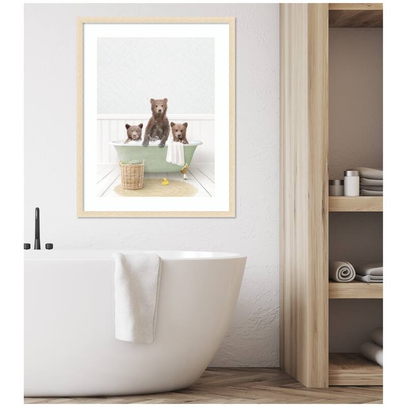 Kate and Laurel Three Bear Cubs in Cottage Green Bath by Amy Peterson Framed Wall Art Print