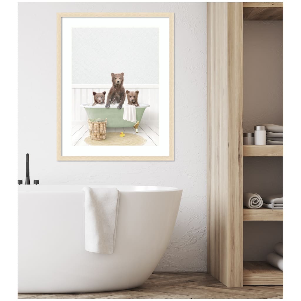 Kate and Laurel Three Bear Cubs in Cottage Green Bath by Amy Peterson Framed Wall Art Print