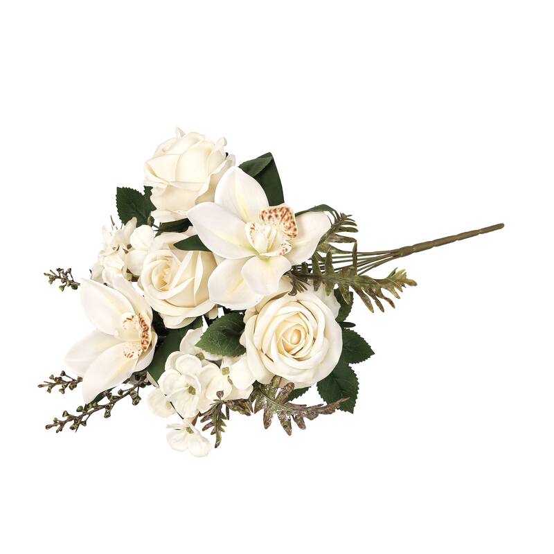 Set of 2 Cream Ivory Artificial Mixed Rose Cymbidium Orchid Hydrangea Flower Stem Bush Bouquet 16in - 16" L x 9" W x 9" DP
