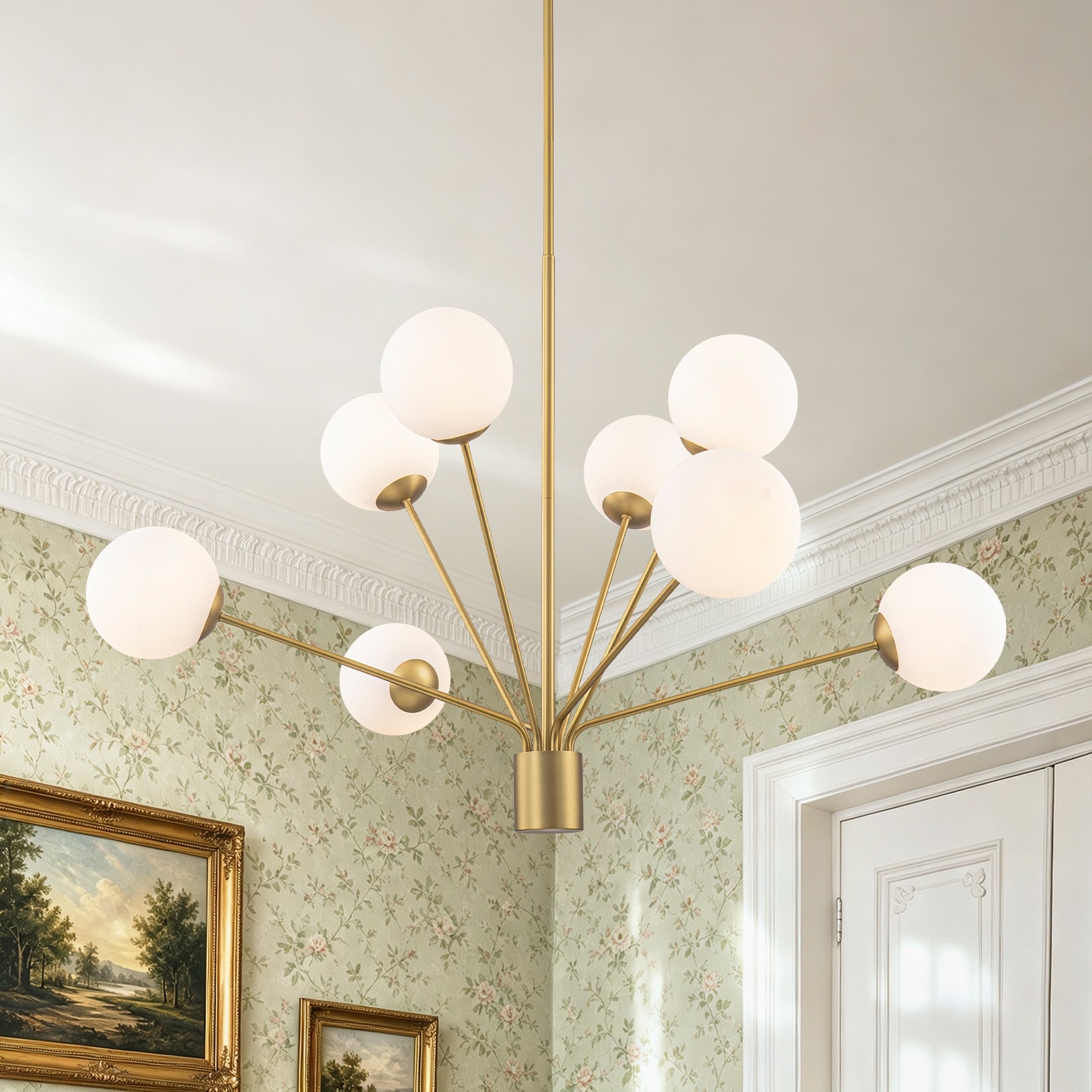 Mid-Century Modern 8-Light Gold Sputnik Chandelier with Opal Glass Globe Shades - 41.7-in W x 27.2-in H