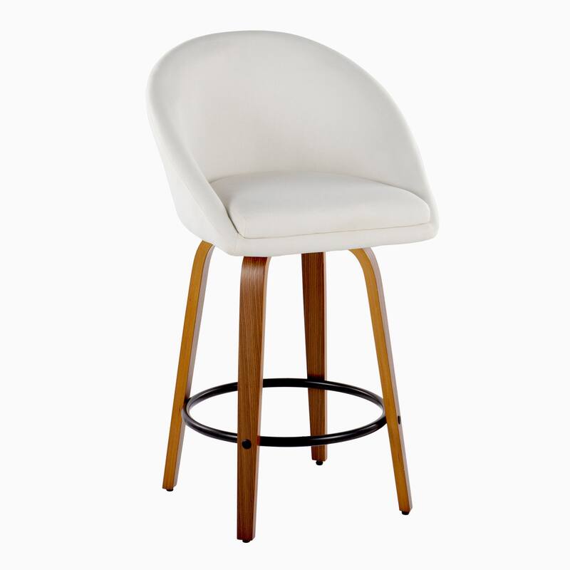Carson Carrington Livesey High Back 26" Fixed-Height Counter Stool with Bent Wood Legs & Round Footrest (Set of 2) - Cream Fabric/Walnut Wood/Black Metal