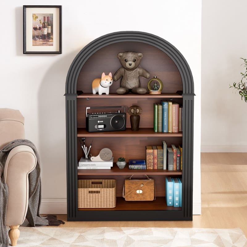 4-Tier 45.9" Tall Bookshelf, Wood Open Display Floor Arched Bookcase